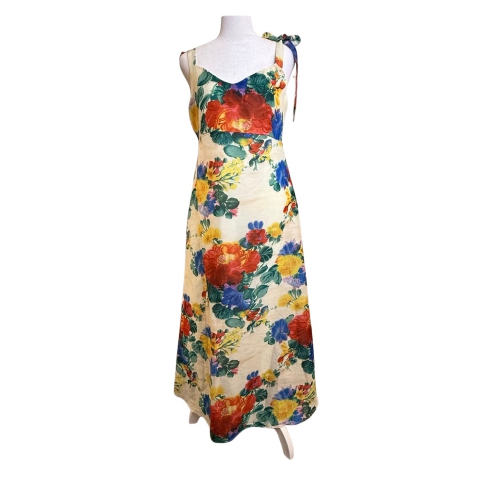 Floral watercolor empire waist Maxi Dress lined with adjustable tie straps